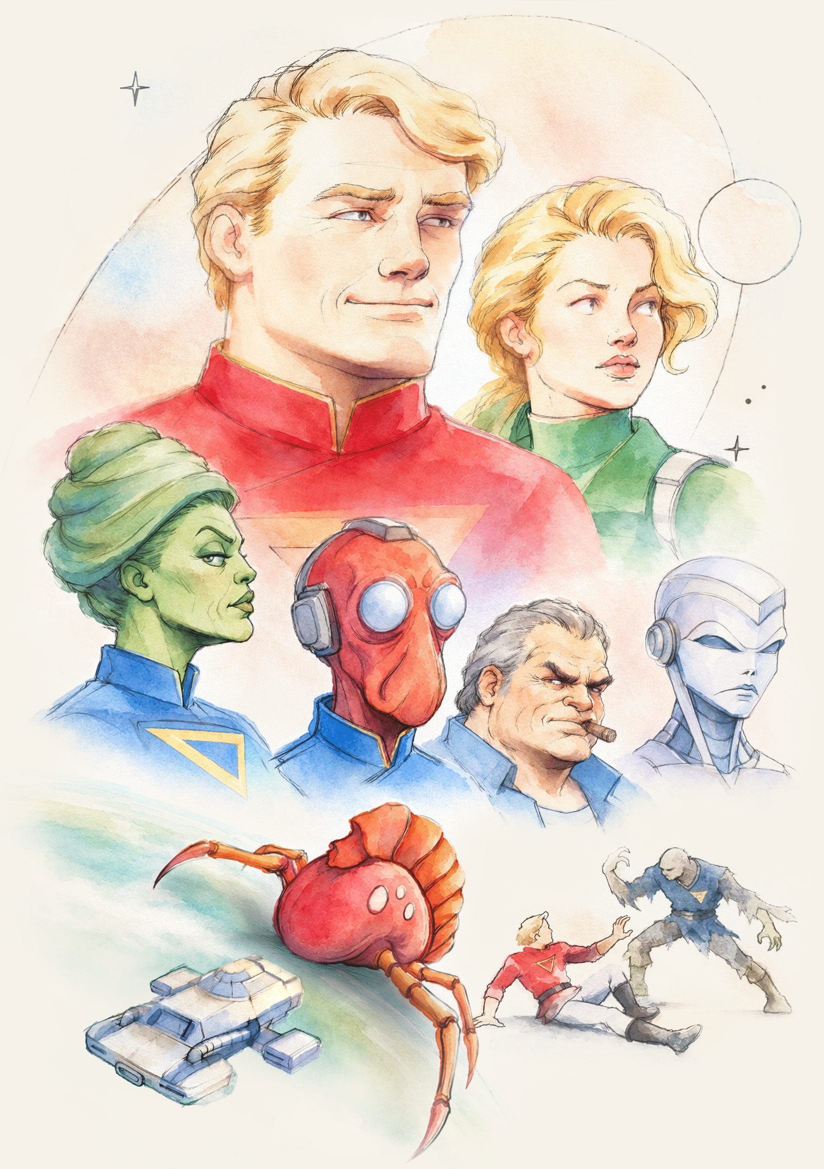 Watercolor illustration of Roger Wilco, Beatrice, Flo, Droole, Cliffy and WD-40, with the Eureka and a towering robotic creature.